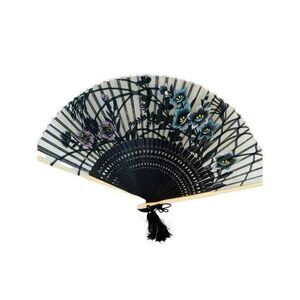 Vintage Folding Hand‎ Fan Black Beautiful Hand Painted Flowers Delicate Fabric